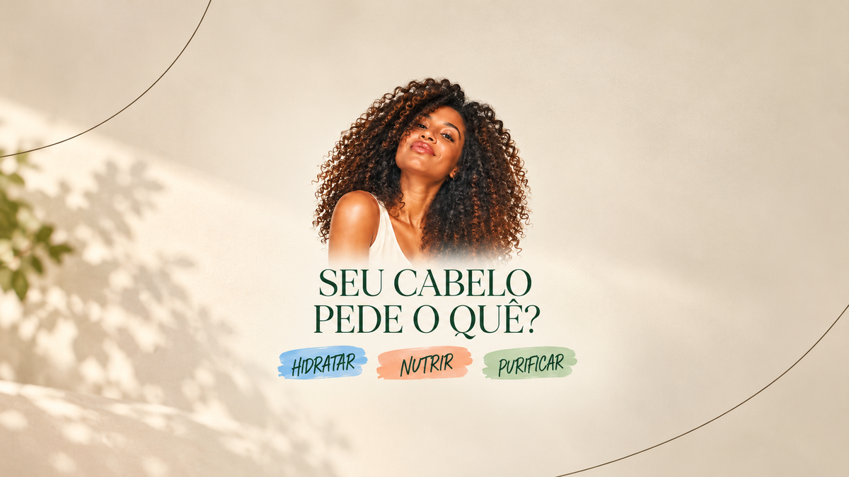 “Mulher de cabelos cacheados em banner sobre hidratação, nutrição e purificação dos cabelos.”